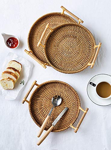 Hand-Made Round Rattan Tray with Handle, Food Basket, Basket, Perfect for displaying Bread, Coffee Breakfast or Fruit 11x11xo.39in