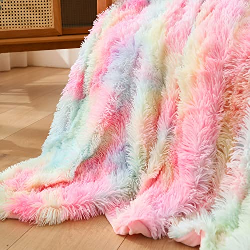 YOU SA Colorful Rainbow Design Shaggy Faux Fur Blanket Ultra Plush Long Hair Decorative Throw Blanket 51''x63'', Rainbow-1