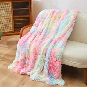 YOU SA Colorful Rainbow Design Shaggy Faux Fur Blanket Ultra Plush Long Hair Decorative Throw Blanket 51''x63'', Rainbow-1