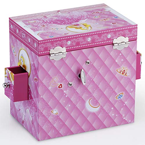 RR ROUND RICH DESIGN Kids Musical Jewelry Box for Girls with 3 Drawers and Jewelry Set with Cute Princess Theme - Beautiful Dreamer Tune Pink