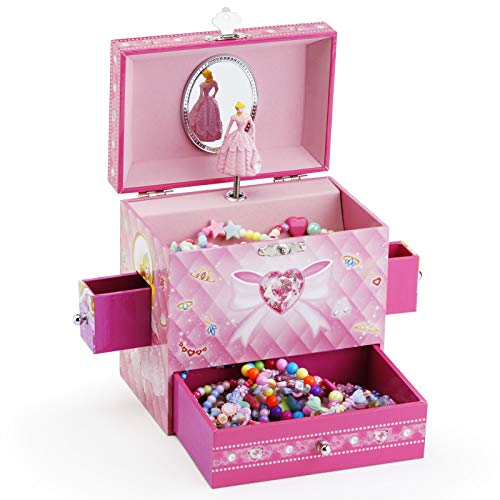 RR ROUND RICH DESIGN Kids Musical Jewelry Box for Girls with 3 Drawers and Jewelry Set with Cute Princess Theme - Beautiful Dreamer Tune Pink