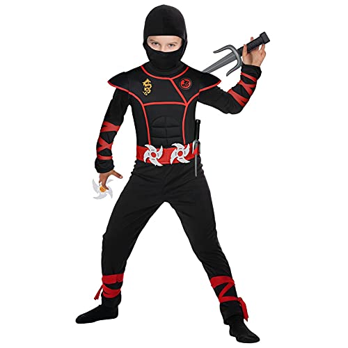 ThinkMax Boys Ninja Costume for Kids Halloween Dress Up Party with Ninja Foam Accessories Toys (M 7-9 Years)