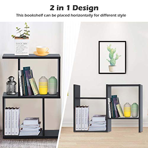 Giantex 2-Tier Bookshelf S Shaped Bookcase, Free Standing Industrial Storage Rack, Suit for Living Room Bedroom Office, Modern Small Bookcase, Black