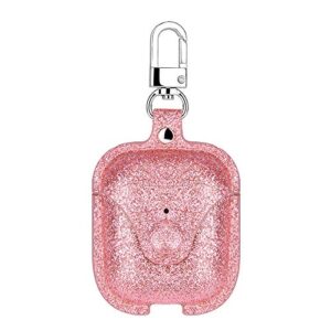 j&d airpods 1 / airpods 2 pu leather case protective cover, sparkling glittering portable airpods case cover with durable metal keychain compatible for airpods 1, airpods 2 cases - pink