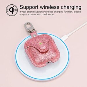 J&D AirPods 1 / AirPods 2 PU Leather Case Protective Cover, Sparkling Glittering Portable AirPods Case Cover with Durable Metal Keychain Compatible for AirPods 1, AirPods 2 Cases - Pink