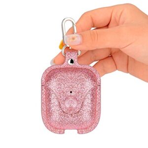 J&D AirPods 1 / AirPods 2 PU Leather Case Protective Cover, Sparkling Glittering Portable AirPods Case Cover with Durable Metal Keychain Compatible for AirPods 1, AirPods 2 Cases - Pink