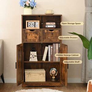 Iwell Storage Cabinet with 2 Adjustable Drawers & 2 Shelf, Rustic Storage Cabinet with Door, Cupboard for Living Room, Home Office, Kitchen, Rustic Brown