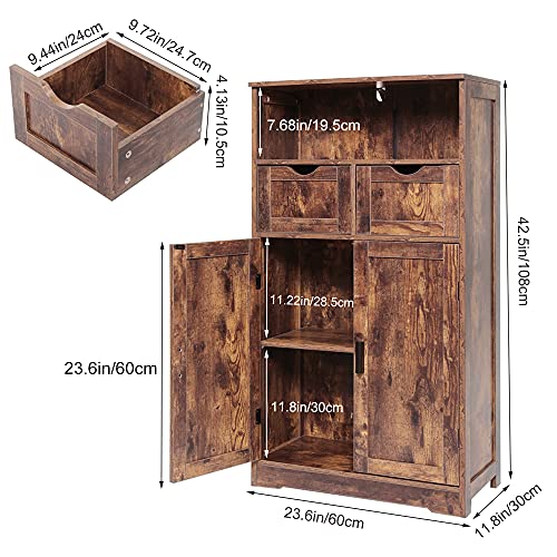 Iwell Storage Cabinet with 2 Adjustable Drawers & 2 Shelf, Rustic Storage Cabinet with Door, Cupboard for Living Room, Home Office, Kitchen, Rustic Brown