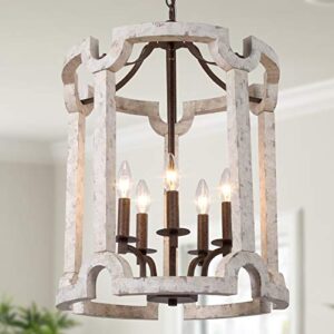 log barn farmhouse chandelier, 5-light lantern chandelier for foyer, kitchen island, dining room, weathered white wood, 16.5’’ w