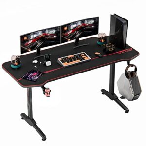 homall gaming desk 55 inch computer desk racing style office table gamer pc workstation t shaped game station with free mouse pad, cup holder and headphone hook (55 inch, black)