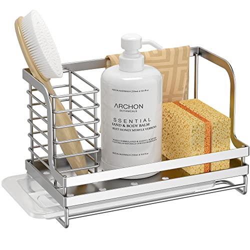 ODesign Sink Caddy, Large Kitchen sink Organizer Caddy Sponge Scrubber Brush Dishrag Dishcloth Holder Rack with Drain Pan Tray Countertop Stainless Steel Rustproof