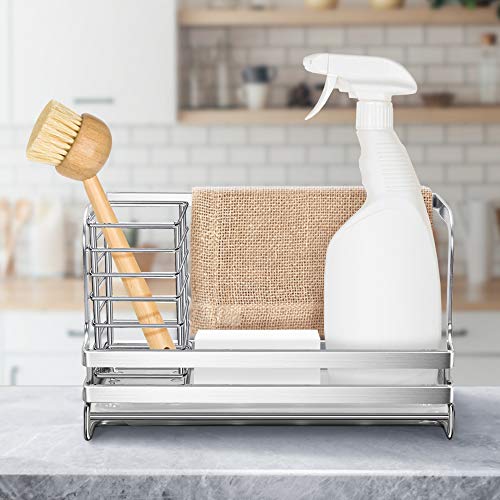 ODesign Sink Caddy, Large Kitchen sink Organizer Caddy Sponge Scrubber Brush Dishrag Dishcloth Holder Rack with Drain Pan Tray Countertop Stainless Steel Rustproof