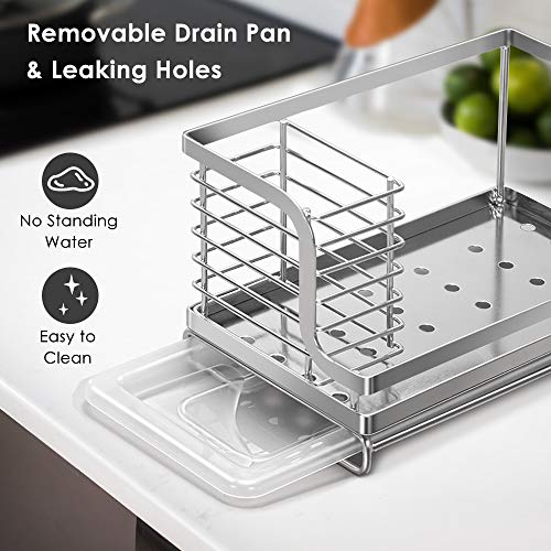 ODesign Sink Caddy, Large Kitchen sink Organizer Caddy Sponge Scrubber Brush Dishrag Dishcloth Holder Rack with Drain Pan Tray Countertop Stainless Steel Rustproof