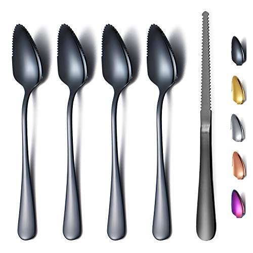 Black Grapefruit Spoons 5 Pieces Set, 4 Stainless Steel Grapefruit Spoon And 1 Grapefruit knife With Titanium Plating, Grapefruit Utensil Set, Serrated Edges Spoon pack of 5 (Black)