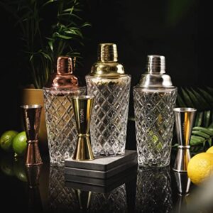 Nikita By Niki Luxury Glass Cocktail Shaker - Drink Shaker and Jigger Set - Stainless Steel Lid with Strainer - Martini Shaker Set - Silver, Rose Gold, Gold Cocktail Shaker Set Bartender Kit