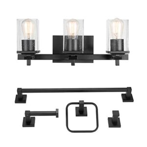 globe electric 51634 5-piece all-in-one bathroom accessory set, with vanity, matte black, 3-light vanity light, seeded glass, towel bar, toilet paper holder, towel ring, robe hook, home improvement