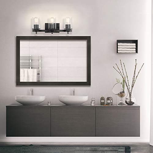 Globe Electric 51634 5-Piece All-in-One Bathroom Accessory Set, with Vanity, Matte Black, 3-Light Vanity Light, Seeded Glass, Towel Bar, Toilet Paper Holder, Towel Ring, Robe Hook, Home Improvement