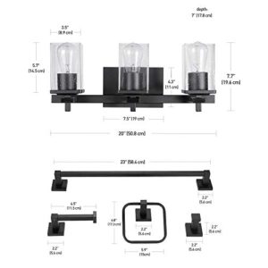 Globe Electric 51634 5-Piece All-in-One Bathroom Accessory Set, with Vanity, Matte Black, 3-Light Vanity Light, Seeded Glass, Towel Bar, Toilet Paper Holder, Towel Ring, Robe Hook, Home Improvement
