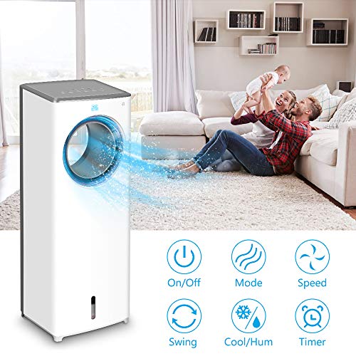 Evaporative Air Cooler - 2-in-1 Portable Air Cooling Fan, Instant Cool & Humidify with 3 Speeds, No Noise Tower Fan, No Dust, 3 Modes, 90°Oscillation, 8H Timer, Bladeless Fan for Large Room Office