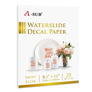 a-sub waterslide decal paper for inkjet printers 20 sheets clear water slide transfer paper 8.5x11 in for diy tumbler, mug, glass decals