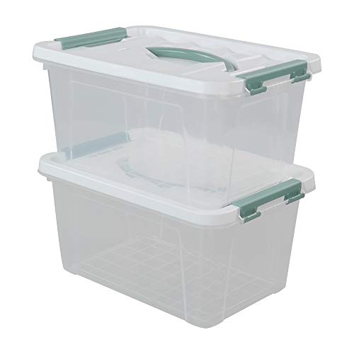 Gloreen 6 Quart Clear Storage Bins with Lid and Green Handle, Multipurpose Stackable Plastic Storage Latches Box/Containers, Set of 2