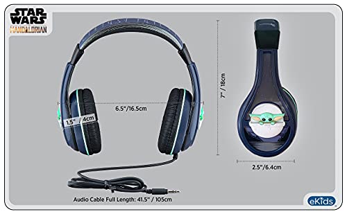 eKids Mandalorian The Child Headphones for Kids, Wired Headphones for School, Home or Travel, Tangle Free Stereo Headphones with Parental Volume Control, Connect via 3.5mm Jack