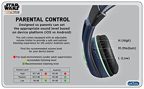 eKids Mandalorian The Child Headphones for Kids, Wired Headphones for School, Home or Travel, Tangle Free Stereo Headphones with Parental Volume Control, Connect via 3.5mm Jack