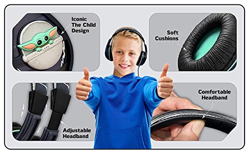 eKids Mandalorian The Child Headphones for Kids, Wired Headphones for School, Home or Travel, Tangle Free Stereo Headphones with Parental Volume Control, Connect via 3.5mm Jack