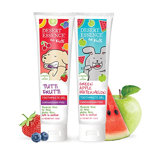 Desert Essence, Green Apple Watermelon Toothpaste Kids Gel, 4.7 oz. - Safe to Swallow, Fluoride Free, SLS Free, Gluten-Free, Vegan, Plant Powered Formula, Great Tasting, Removes Plaque and Buildup