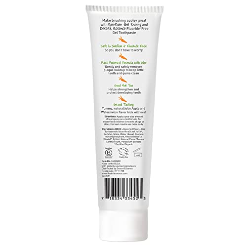 Desert Essence, Green Apple Watermelon Toothpaste Kids Gel, 4.7 oz. - Safe to Swallow, Fluoride Free, SLS Free, Gluten-Free, Vegan, Plant Powered Formula, Great Tasting, Removes Plaque and Buildup