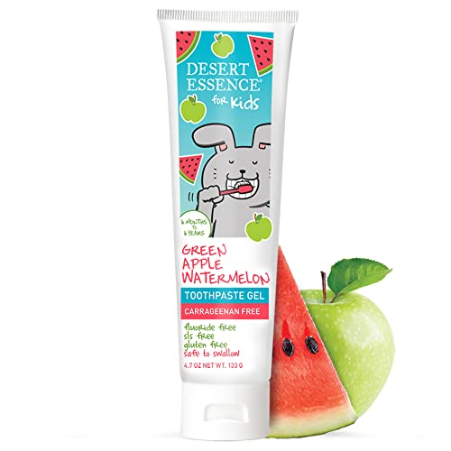 Desert Essence, Green Apple Watermelon Toothpaste Kids Gel, 4.7 oz. - Safe to Swallow, Fluoride Free, SLS Free, Gluten-Free, Vegan, Plant Powered Formula, Great Tasting, Removes Plaque and Buildup