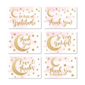 24 pink stars baby shower thank you cards with envelopes, kids thank-you note, 4x6 gratitude card gift for guest pack for party, birthday, for girls children, cute angel twinkle moon event stationery