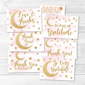 24 Pink Stars Baby Shower Thank You Cards With Envelopes, Kids Thank-You Note, 4x6 Gratitude Card Gift For Guest Pack For Party, Birthday, For Girls Children, Cute Angel Twinkle Moon Event Stationery