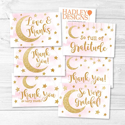 24 Pink Stars Baby Shower Thank You Cards With Envelopes, Kids Thank-You Note, 4x6 Gratitude Card Gift For Guest Pack For Party, Birthday, For Girls Children, Cute Angel Twinkle Moon Event Stationery
