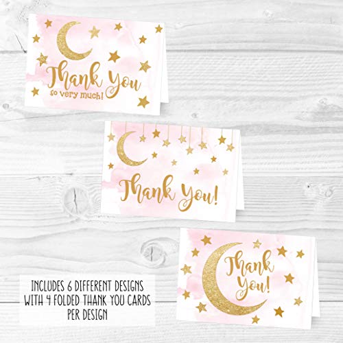 24 Pink Stars Baby Shower Thank You Cards With Envelopes, Kids Thank-You Note, 4x6 Gratitude Card Gift For Guest Pack For Party, Birthday, For Girls Children, Cute Angel Twinkle Moon Event Stationery