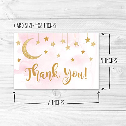 24 Pink Stars Baby Shower Thank You Cards With Envelopes, Kids Thank-You Note, 4x6 Gratitude Card Gift For Guest Pack For Party, Birthday, For Girls Children, Cute Angel Twinkle Moon Event Stationery