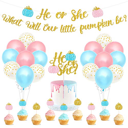 Pumpkin Gender Reveal Party Decoration Fall Baby Shower Banner He Or She Cake Cupcake Topper Pink Blue Balloons Boy Or Girls Sex Announcement Ideas Favor Supplies