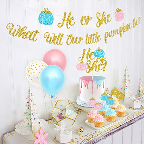 Pumpkin Gender Reveal Party Decoration Fall Baby Shower Banner He Or She Cake Cupcake Topper Pink Blue Balloons Boy Or Girls Sex Announcement Ideas Favor Supplies