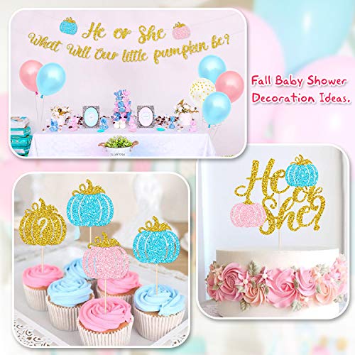 Pumpkin Gender Reveal Party Decoration Fall Baby Shower Banner He Or She Cake Cupcake Topper Pink Blue Balloons Boy Or Girls Sex Announcement Ideas Favor Supplies