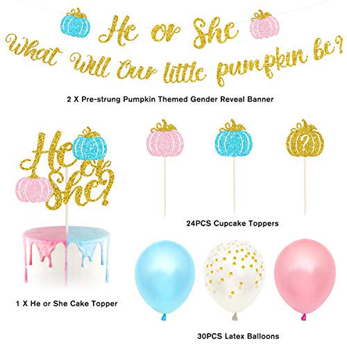 Pumpkin Gender Reveal Party Decoration Fall Baby Shower Banner He Or She Cake Cupcake Topper Pink Blue Balloons Boy Or Girls Sex Announcement Ideas Favor Supplies