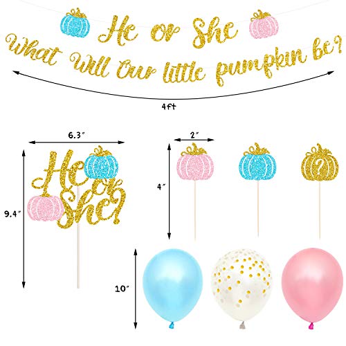 Pumpkin Gender Reveal Party Decoration Fall Baby Shower Banner He Or She Cake Cupcake Topper Pink Blue Balloons Boy Or Girls Sex Announcement Ideas Favor Supplies