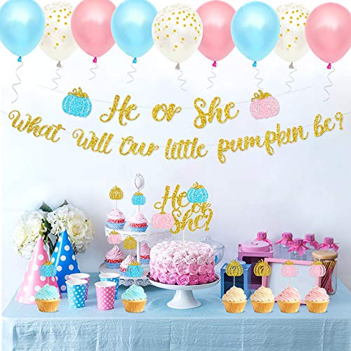 Pumpkin Gender Reveal Party Decoration Fall Baby Shower Banner He Or She Cake Cupcake Topper Pink Blue Balloons Boy Or Girls Sex Announcement Ideas Favor Supplies