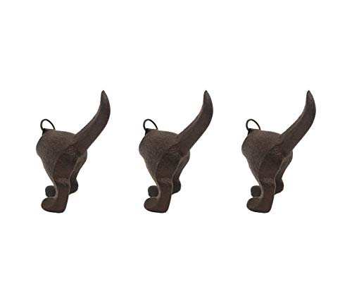 Retro Dog Tail Cast Iron Wall Hooks - Decorative Wall Hanging Hook for Coat, Towel, Keys - Antique Brown - Set of 3