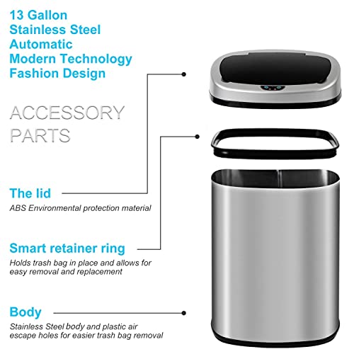 13 Gallon Automatic Trash Can with Lid, Touch Free Stainless Steel Kitchen Smart Garbage Can 50L High Capacity Electronic Sensor Trash/ Waste Bin for Room Kitchen Office, Silver