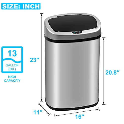 13 Gallon Automatic Trash Can with Lid, Touch Free Stainless Steel Kitchen Smart Garbage Can 50L High Capacity Electronic Sensor Trash/ Waste Bin for Room Kitchen Office, Silver