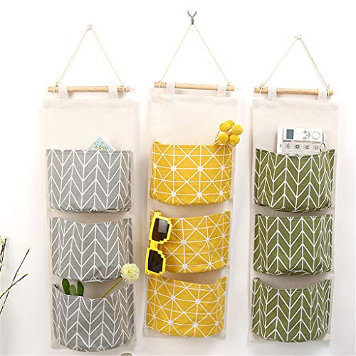 Votono Hanging Storage Bag Wall Mounted 3-Bag Door Organizer Linen Cotton Fabric 2 Pack for Room and Bathroom (2 Pack Green)