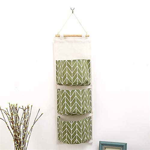 Votono Hanging Storage Bag Wall Mounted 3-Bag Door Organizer Linen Cotton Fabric 2 Pack for Room and Bathroom (2 Pack Green)