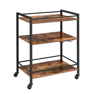 HOOBRO Bar Cart for The Home, Serving Cart with Wine Glass Hooks, Rolling Kitchen Cart with Lockable Wheels, 25.2 x 15.7 x 33.3 Inches Beverage Cart with Storage Shelves, Rustic Brown BF02TC01