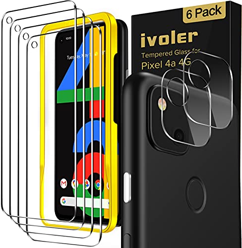 ivoler [6 Pack] [4 Pack] Tempered Screen Protector for Pixel 4a 4G with [2 Pack] Camera Lens Protector Tempered Glass with [Alignment Frame Easy Installation],HD Clear Anti-Scratch Film,5.8 inch