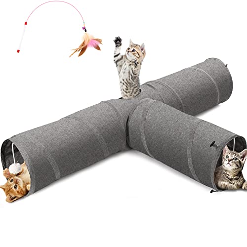 Ownpets Cat Tunnel, 3 Way Collapsible Kitty Tunnel 47 inch Long Cat Tube with Plush Ball & Feather Toy, Large Cat Play Tunnel for Indoor Cat, Kitten, Puppy, Rabbit,and Mongoose